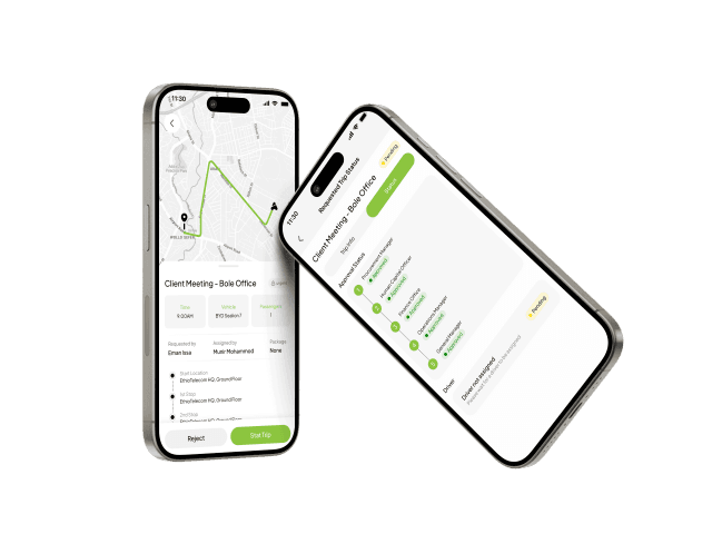 Mobile app interface showing fleet management dashboard with map